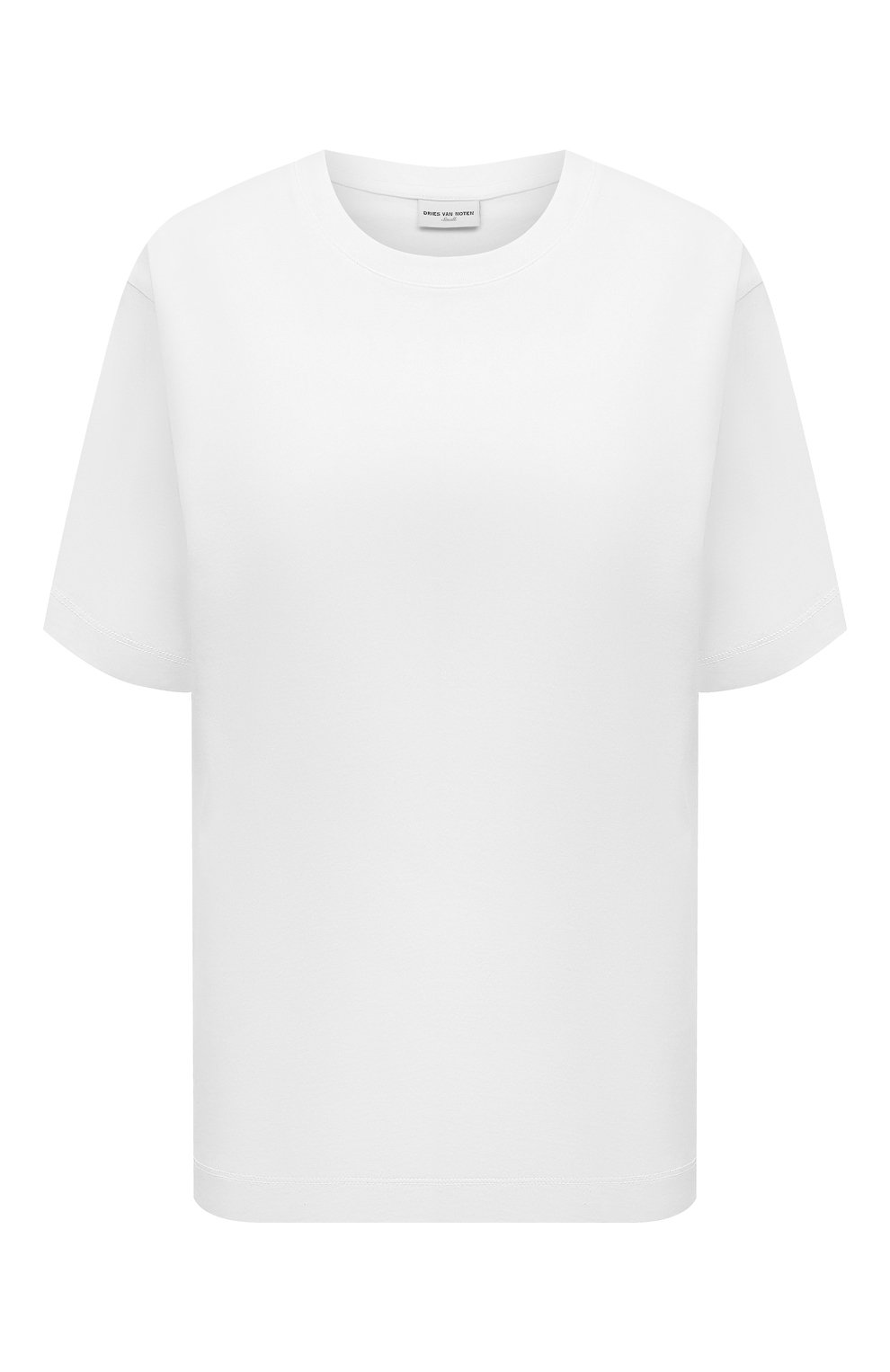 Женская хлопковая футболка DRIES VAN NOTEN белого цвета, арт. 211-11150-2600 | Фото 1 (Принт: Без принта; Рукава: Короткие; Длина (для топов): Стандартные; Региональные ограничения белый список (Axapta Mercury): RU; Материал внешний: Хлопок; Женское Кросс-КТ: Футболка-одежда; Стили: Кэжуэл)