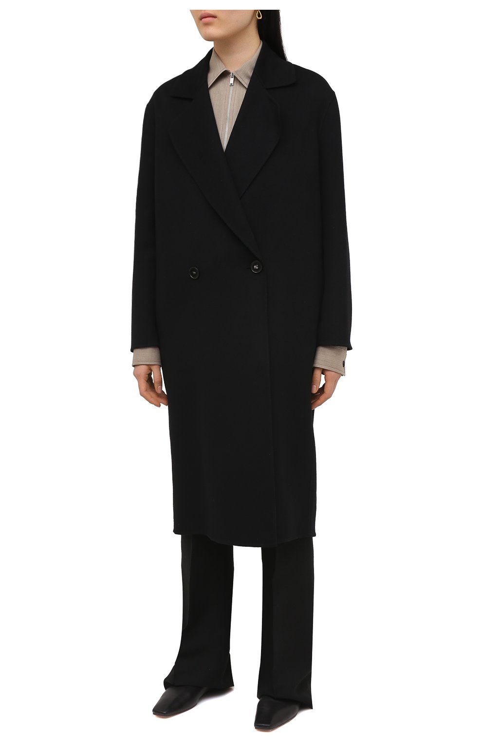 Женское шерстяное пальто STELLA MCCARTNEY черного цвета, арт. 602900/SPB05 | Фото 3 (Материал внешний: Шерсть; Рукава: Длинные; Длина (верхняя одежда): До колена; 1-2-бортные: Двубортные; Стили: Кэжуэл)