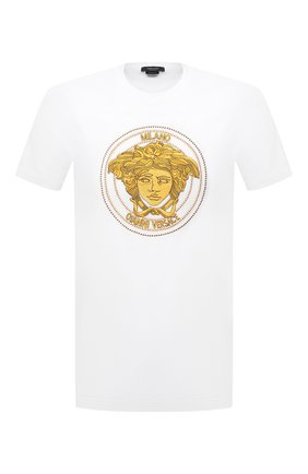 Мужская хлопковая футболка VERSACE белого цвета по цене 84600 руб., арт. A89288/A228806 | Фото 1 Мужская хлопковая футболка VERSACE белого цвета, арт. A89288/A228806 | Фото 1 (Длина (для топов): Стандартные; Рукава: Короткие; Материал внешний: Хлопок; Принт: С принтом; Стили: Кэжуэл)