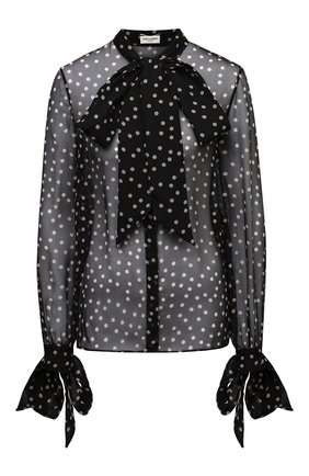 Женская шелковая блузка SAINT LAURENT черно-белого цвета, арт. 640877/Y5C42 | Фото 1 (Длина (для топов): Стандартные; Материал внешний: Шелк; Рукава: Длинные; Стили: Романтичный; Женское Кросс-КТ: Блуза-одежда; Принт: С принтом)