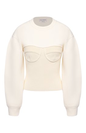 Женский шерстяной пуловер ALEXANDER MCQUEEN светло-бежевого цвета, арт. 659949/Q1AUM | Фото 1 (Рукава: Длинные; Длина (для топов): Стандартные; Женское Кросс-КТ: Пуловер-одежда; Стили: Бохо; Материал внешний: Шерсть; Региональные ограничения белый список (Axapta Mercury): RU)