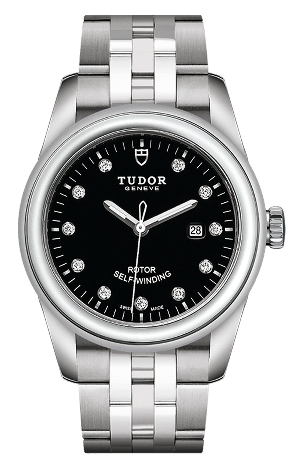 Женские часы glamour date TUDOR бесцветного цвета, арт. 53000/68030/BLACK 11 DIAM | Фото 1 (Механизм: Автомат; Материал корпуса: Сталь; Цвет циферблата: Чёрный)