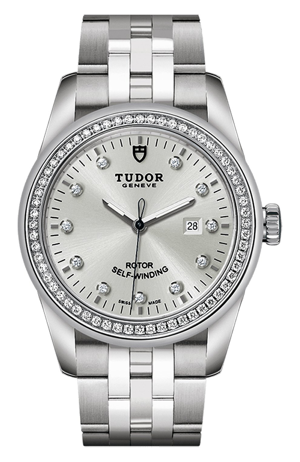 Женские часы glamour date TUDOR бесцветного цвета, арт. 53020/68030/SILVER 11 DIAM | Фото 1 (Механизм: Автомат; Материал корпуса: Сталь; Цвет циферблата: Серебристый)