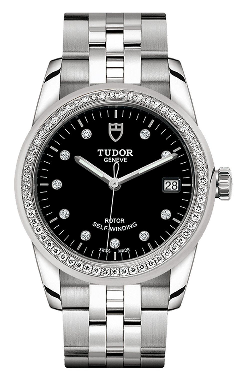 Женские часы glamour date TUDOR бесцветного цвета, арт. 55020/68050/BLACK 10 DIAM | Фото 1 (Механизм: Автомат; Материал корпуса: Сталь; Цвет циферблата: Чёрный)