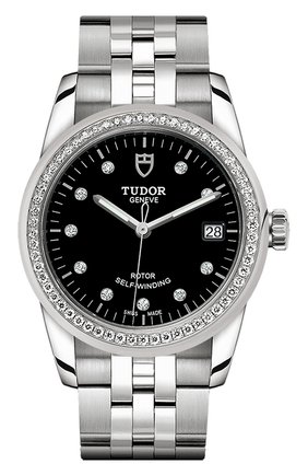 Женские часы glamour date TUDOR бесцветного цвета по цене 444000 руб., арт. 55020/68050/BLACK 10 DIAM | Фото 1 Женские часы glamour date TUDOR бесцветного цвета, арт. 55020/68050/BLACK 10 DIAM | Фото 1 (Механизм: Автомат; Материал корпуса: Сталь; Цвет циферблата: Чёрный)