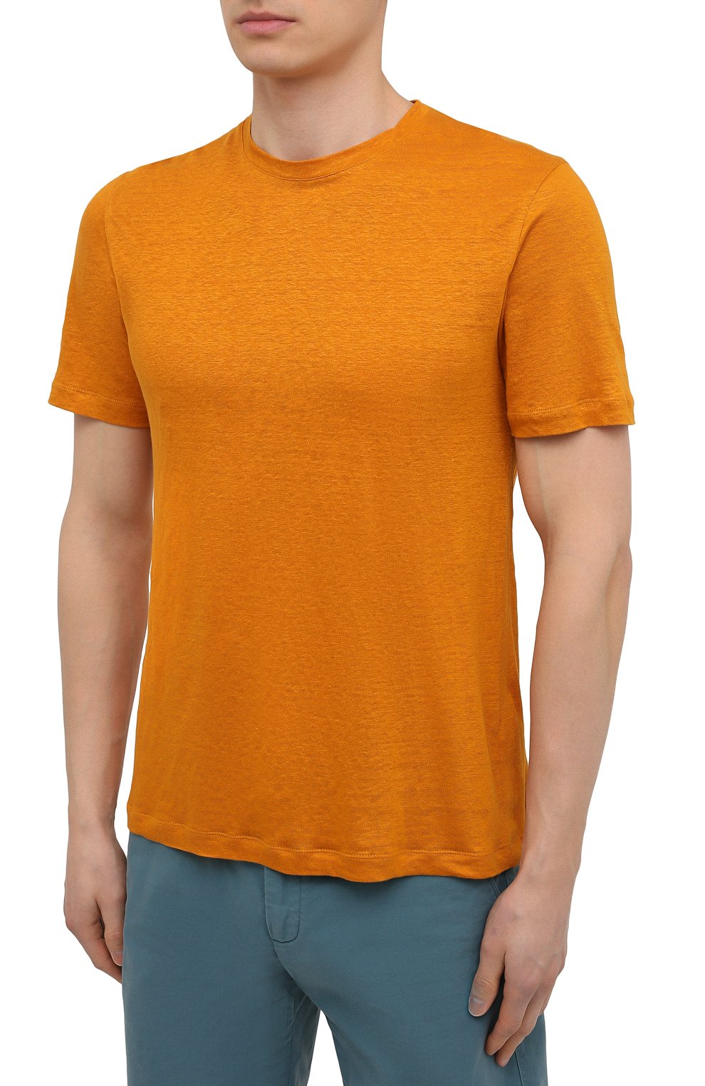 Мужская льняная футболка ERMENEGILDO ZEGNA оранжевого цвета, арт. UU564/706 | Фото 3 (Принт: Без принта; Рукава: Короткие; Длина (для топов): Стандартные; Материал внешний: Лен; Стили: Кэжуэл)
