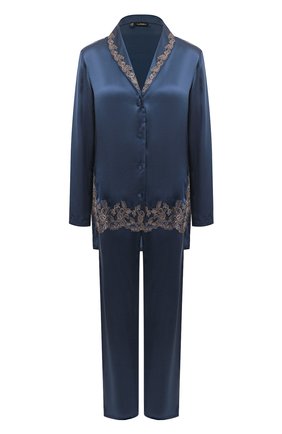 Женская шелковая пижама LA PERLA темно-синего цвета, арт. 0051240 | Фото 1 (Длина (брюки, джинсы): Удлиненные; Рукава: Длинные; Материал внешний: Шелк; Длина Ж (юбки, платья, шорты): Мини; Длина (для топов): Удлиненные)