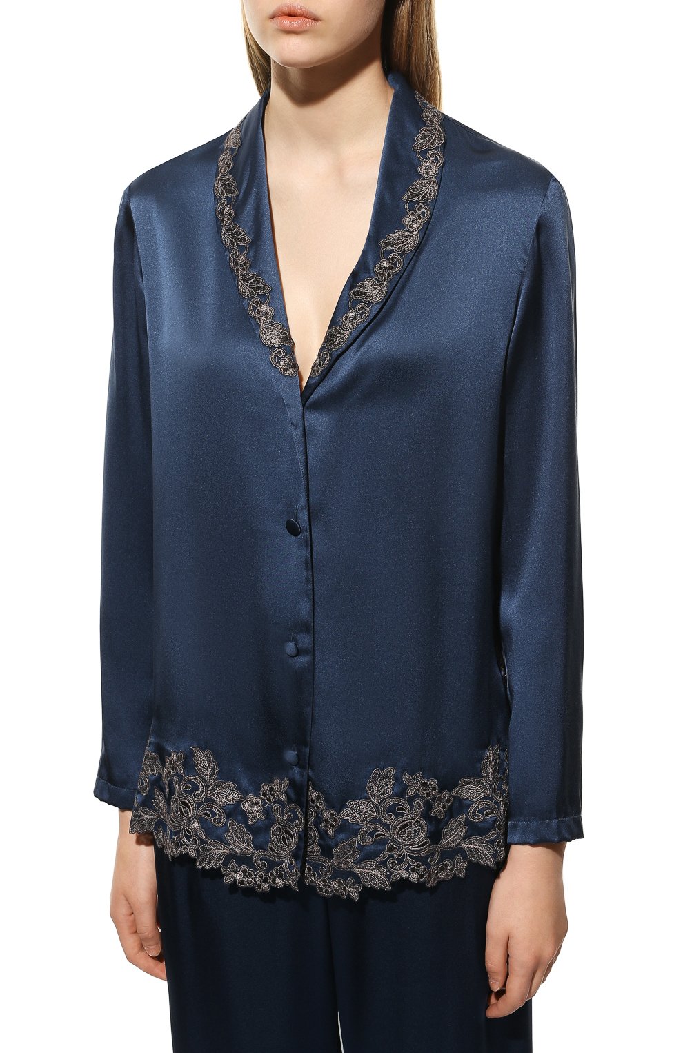 Женская шелковая пижама LA PERLA темно-синего цвета, арт. 0051240 | Фото 3 (Материал внешний: Шелк)