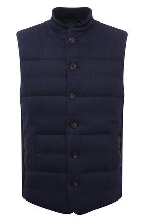 Мужской утепленный жилет CORNELIANI темно-синего цвета по цене 117500 руб., арт. 87CM38-1120159/00 | Фото 1 Мужской утепленный жилет CORNELIANI темно-синего цвета, арт. 87CM38-1120159/00 | Фото 1 (Материал подклада: Синтетический материал; Длина (верхняя одежда): Короткие; Материал внешний: Лен, Шерсть; Кросс-КТ: Куртка; Стили: Кэжуэл)