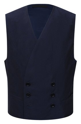 Мужской жилет из хлопка и вискозы GIORGIO ARMANI темно-синего цвета по цене 91950 руб., арт. 1SGGK024/T02LD | Фото 1 Мужской жилет из хлопка и вискозы GIORGIO ARMANI темно-синего цвета, арт. 1SGGK024/T02LD | Фото 1 (Материал подклада: Купро; Материал внешний: Вискоза, Хлопок; Стили: Классический; Мужское Кросс-КТ: Жилет-классика; Длина (верхняя одежда): Короткие)