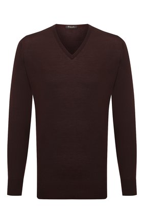Мужской шерстяной пуловер LORO PIANA темно-коричневого цвета, арт. FAL1469 | Фото 1 (Длина (для топов): Стандартные; Рукава: Длинные; Материал внешний: Шерсть; Стили: Кэжуэл; Мужское Кросс-КТ: Пуловеры; Принт: Без принта; Вырез: V-образный)