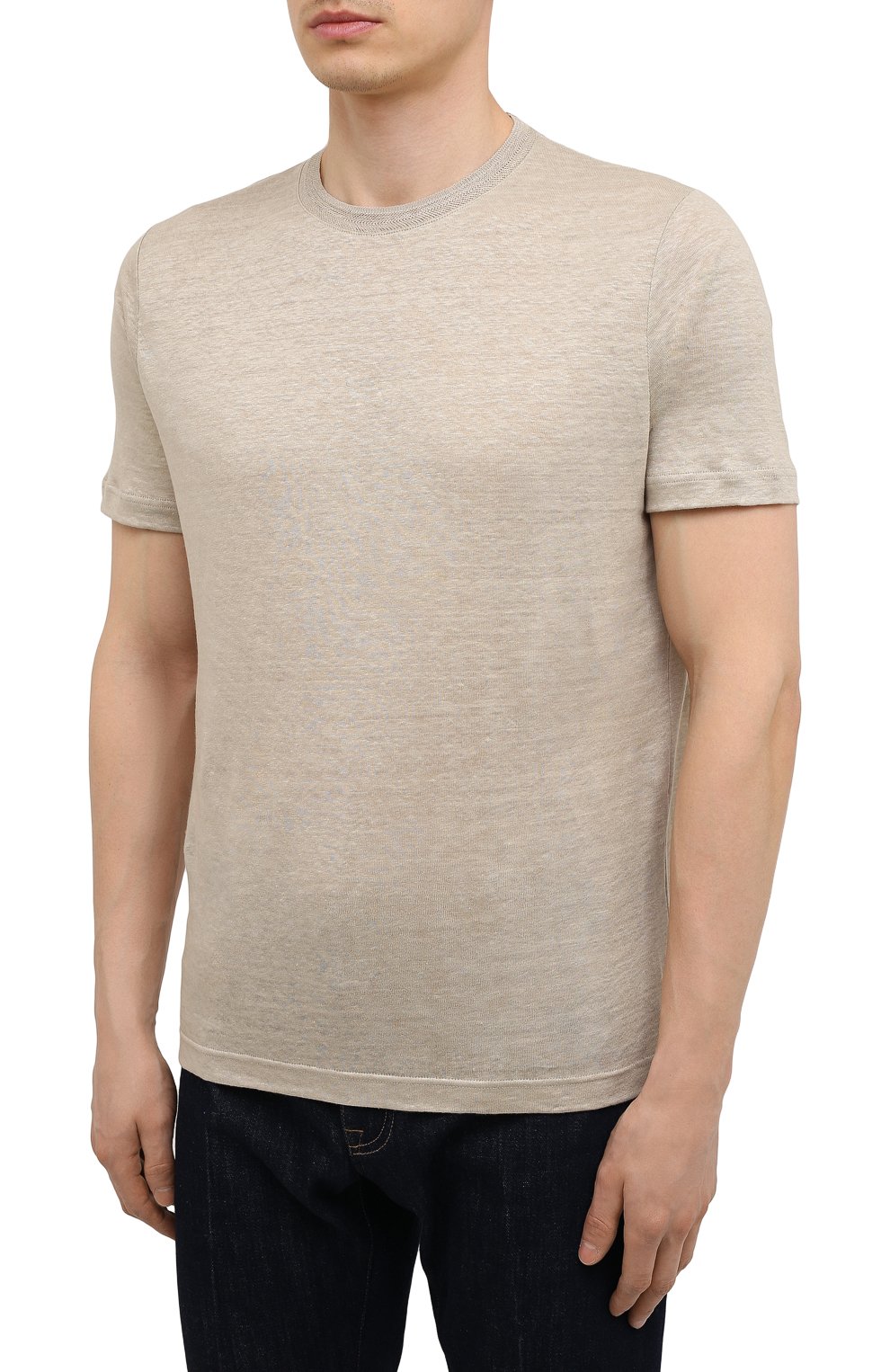 Мужская льняная футболка LORO PIANA бежевого цвета, арт. FAL5748 | Фото 3 (Принт: Без принта; Рукава: Короткие; Длина (для топов): Стандартные; Материал внешний: Лен; Стили: Кэжуэл)