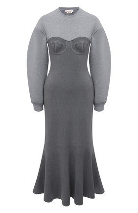 Женское платье из шерсти и хлопка ALEXANDER MCQUEEN серого цвета по цене 299500 руб., арт. 659952/Q1AUN | Фото 1 Женское платье из шерсти и хлопка ALEXANDER MCQUEEN серого цвета, арт. 659952/Q1AUN | Фото 1 (Рукава: Длинные; Длина Ж (юбки, платья, шорты): Миди; Кросс-КТ: Трикотаж; Стили: Романтичный; Женское Кросс-КТ: Платье-одежда; Случай: Повседневный; Материал внешний: Шерсть, Хлопок)