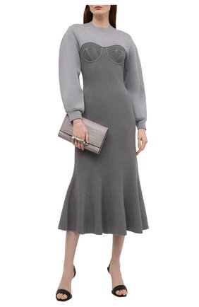 Женское платье из шерсти и хлопка ALEXANDER MCQUEEN серого цвета по цене 299500 руб., арт. 659952/Q1AUN | Фото 2 Женское платье из шерсти и хлопка ALEXANDER MCQUEEN серого цвета, арт. 659952/Q1AUN | Фото 2 (Рукава: Длинные; Длина Ж (юбки, платья, шорты): Миди; Кросс-КТ: Трикотаж; Стили: Романтичный; Женское Кросс-КТ: Платье-одежда; Случай: Повседневный; Материал внешний: Шерсть, Хлопок)