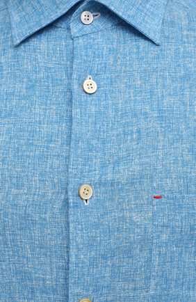 Мужская льняная рубашка KITON голубого цвета, арт. UMCNERH0768502 | Фото 5 (Манжеты: На пуговицах; Рукава: Длинные; Воротник: Акула; Случай: Повседневный; Длина (для топов): Стандартные; Рубашки М: Slim Fit; Региональные ограничения белый список (Axapta Mercury): RU; Материал внешний: Лен; Принт: Однотонные; Стили: Кэжуэл)
