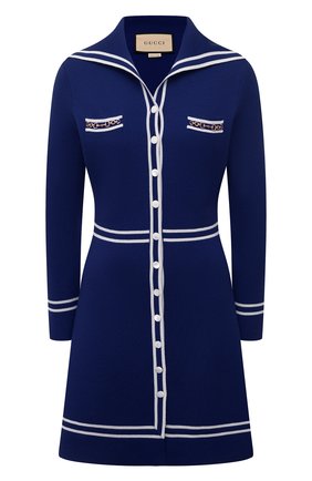 Женское шерстяное платье GUCCI синего цвета по цене 148600 руб., арт. 644564/XKBNZ | Фото 1 Женское шерстяное платье GUCCI синего цвета, арт. 644564/XKBNZ | Фото 1 (Стили: Романтичный; Длина Ж (юбки, платья, шорты): Мини; Рукава: Длинные; Материал внешний: Шерсть; Случай: Повседневный; Женское Кросс-КТ: Платье-одежда)