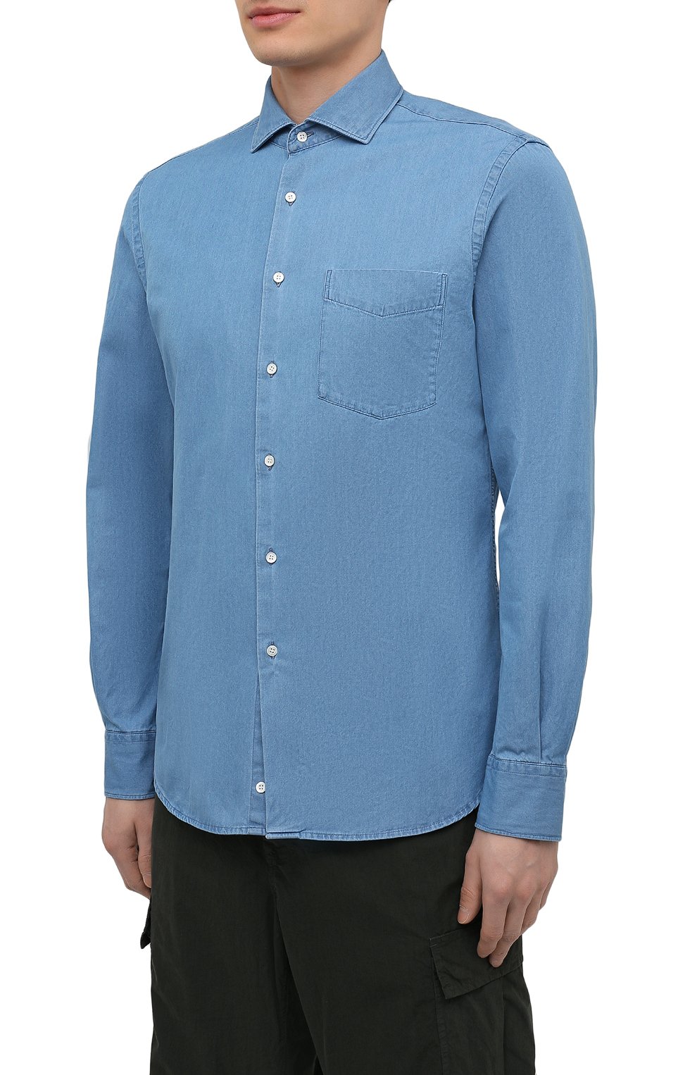 Мужская хлопковая рубашка ASPESI синего цвета, арт. S1 A CE52 6191 | Фото 3 (Манжеты: На пуговицах; Рукава: Длинные; Воротник: Акула; Случай: Повседневный; Длина (для топов): Стандартные; Рубашки М: Slim Fit; Материал внешний: Хлопок; Принт: Однотонные; Стили: Кэжуэл)