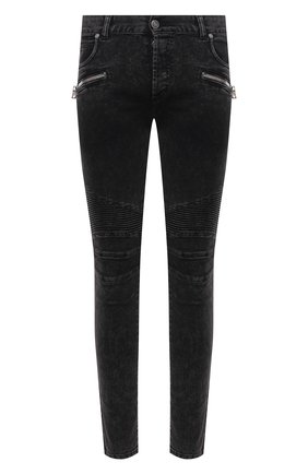 Мужские джинсы BALMAIN черного цвета, арт. VH0MG005/107D | Фото 1 (Материал внешний: Хлопок, Деним; Длина (брюки, джинсы): Стандартные; Силуэт М (брюки): Узкие; Кросс-КТ: Деним; Стили: Гранж; Детали: Потертости)