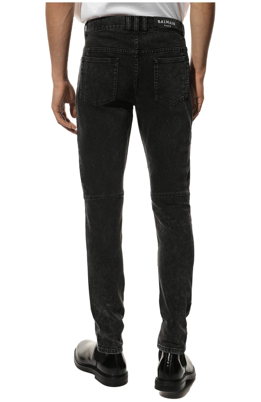 Мужские джинсы BALMAIN черного цвета, арт. VH0MG005/107D | Фото 4 (Силуэт М (брюки): Узкие; Кросс-КТ: Деним; Длина (брюки, джинсы): Стандартные; Стили: Гранж; Материал внешний: Хлопок; Детали: Потертости)