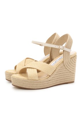 Женские комбинированные босоножки dellena 100 JIMMY CHOO бежевого цвета по цене 55850 руб., арт. DELLENA 100/RMB | Фото 1 Женские комбинированные босоножки dellena 100 JIMMY CHOO бежевого цвета, арт. DELLENA 100/RMB | Фото 1 (Материал внутренний: Натуральная кожа; Каблук высота: Высокий; Каблук тип: Танкетка; Подошва: Платформа; Материал внешний: Текстиль)
