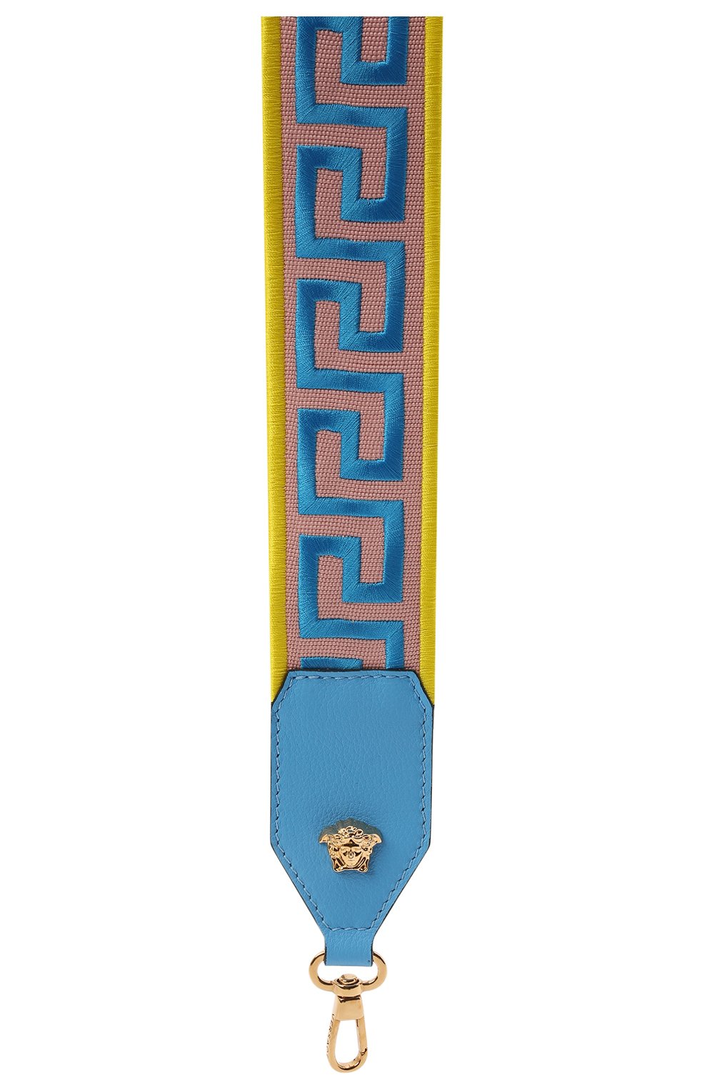 Женские ремень для сумки greca VERSACE голубого цвета по цене 51650 руб., арт. DP3I095/DNASRG | Фото 2 Женские ремень для сумки greca VERSACE голубого цвета, арт. DP3I095/DNASRG | Фото 2 (Ошибки технического описания: Нет высоты, Нет глубины; Размер: mini; Кросс-КТ: ремень-сумка; Материал: Текстиль)