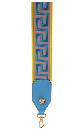 Женские ремень для сумки greca VERSACE голубого цвета по цене 51650 руб., арт. DP3I095/DNASRG | Фото 2 Женские ремень для сумки greca VERSACE голубого цвета, арт. DP3I095/DNASRG | Фото 2 (Ошибки технического описания: Нет высоты, Нет глубины; Размер: mini; Кросс-КТ: ремень-сумка; Материал: Текстиль)