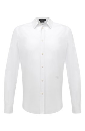 Мужская хлопковая сорочка VERSACE белого цвета по цене 54800 руб., арт. A89274/A222394 | Фото 1 Мужская хлопковая сорочка VERSACE белого цвета, арт. A89274/A222394 | Фото 1 (Длина (для топов): Стандартные; Материал внешний: Хлопок; Рукава: Длинные; Случай: Повседневный; Манжеты: На пуговицах; Рубашки М: Slim Fit; Принт: Однотонные; Воротник: Кент; Стили: Кэжуэл)