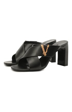 Женские кожаные мюли virtus VERSACE черного цвета по цене 54300 руб., арт. DST570M/DVT2P | Фото 1 Женские кожаные мюли virtus VERSACE черного цвета, арт. DST570M/DVT2P | Фото 1 (Каблук высота: Высокий; Материал внутренний: Натуральная кожа; Подошва: Плоская; Каблук тип: Устойчивый)