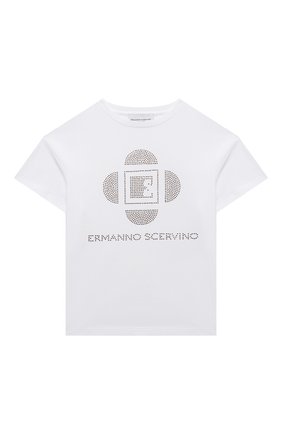 Детская хлопковая футболка ERMANNO SCERVINO белого цвета по цене 8995 руб., арт. ESFTS010 JE95 WS009/XXS-S | Фото 1 Детская хлопковая футболка ERMANNO SCERVINO белого цвета, арт. ESFTS010 JE95 WS009/XXS-S | Фото 1 (Рукава: Короткие; Материал внешний: Хлопок; Девочки Кросс-КТ: футболка-одежда; Ростовка одежда: 10 - 11 лет | 140 - 146см, 8 лет | 128 см, 6 лет | 116 см)