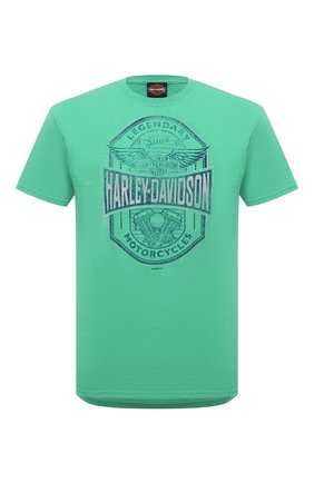Мужская хлопковая футболка HARLEY-DAVIDSON зеленого цвета, арт. R003785 | Фото 1 (Рукава: Короткие; Материал внешний: Синтетический материал, Хлопок; Стили: Кэжуэл; Длина (для топов): Стандартные; Принт: С принтом)