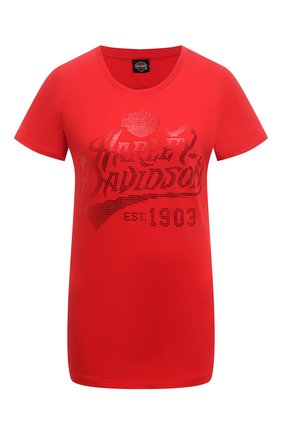 Женская хлопковая футболка HARLEY-DAVIDSON красного цвета, арт. R003824 | Фото 1 (Рукава: Короткие; Женское Кросс-КТ: Футболка-одежда; Материал внешний: Хлопок; Принт: С принтом; Стили: Гранж; Длина (для топов): Стандартные)