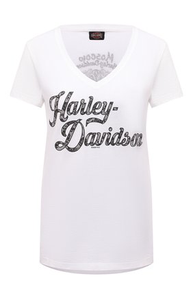 Женская хлопковая футболка HARLEY-DAVIDSON белого цвета, арт. R003828 | Фото 1 (Рукава: Короткие; Материал внешний: Хлопок; Длина (для топов): Стандартные; Женское Кросс-КТ: Футболка-одежда; Стили: Гранж; Принт: С принтом)