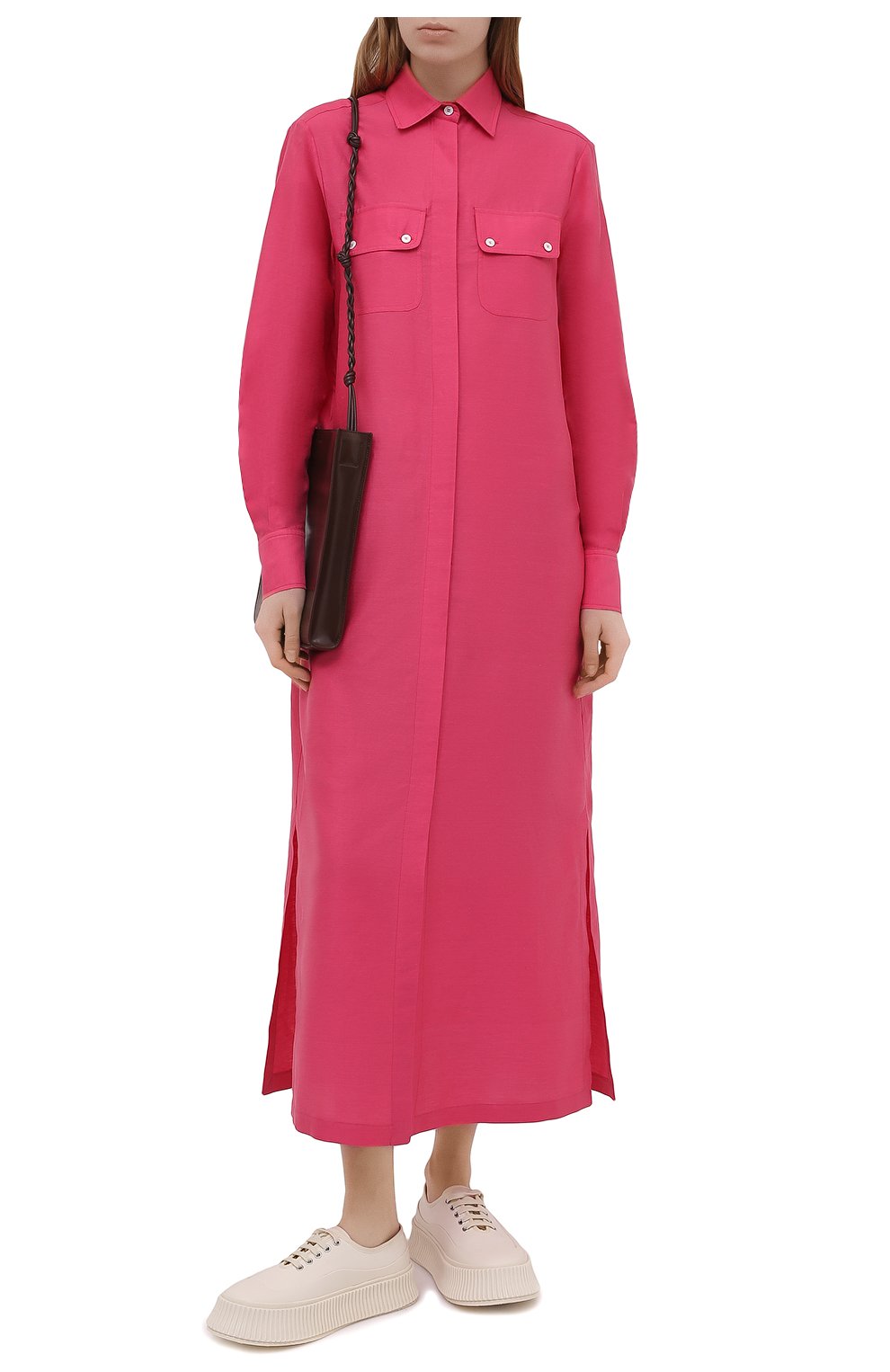 Женское платье из хлопка и льна KITON розового цвета, арт. D51381H07724 | Фото 2 (Женское Кросс-КТ: платье-рубашка, Платье-одежда; Рукава: Длинные; Случай: Повседневный; Региональные ограничения белый список (Axapta Mercury): RU; Материал внешний: Хлопок, Лен; Длина Ж (юбки, платья, шорты): Миди; Стили: Романтичный)