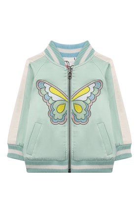 Детского бомбер STELLA MCCARTNEY бирюзового цвета по цене 11250 руб., арт. 602555/SQK76/9M | Фото 1 Детского бомбер STELLA MCCARTNEY бирюзового цвета, арт. 602555/SQK76/9M | Фото 1