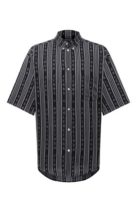 Мужская рубашка из вискозы BALENCIAGA черного цвета, арт. 647354/TKL32 | Фото 1 (Воротник: Button down; Принт: Полоска; Рукава: Короткие; Материал внешний: Вискоза; Стили: Гранж; Случай: Повседневный; Длина (для топов): Стандартные)