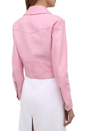 Женская кожаная куртка VERSACE светло-розового цвета, арт. A89138/1L00146 | Фото 4 (Кросс-КТ: Куртка; Рукава: Длинные; Региональные ограничения белый список (Axapta Mercury): RU; Материал внешний: Натуральная кожа; Женское Кросс-КТ: Замша и кожа; Длина (верхняя одежда): Короткие; Материал подклада: Вискоза; Стили: Романтичный)