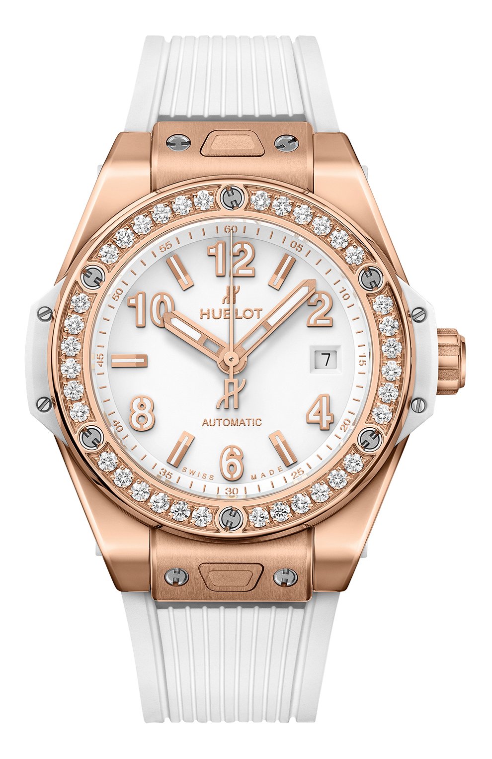 Женские часы one click king gold white diamonds HUBLOT бесцветного цвета, арт. 485.OE.2080.RW.1204 | Фото 1 (Механизм: Автомат; Материал корпуса: Розовое золото; Цвет циферблата: Белый)