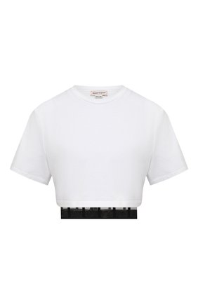 Женская хлопковая футболка ALEXANDER MCQUEEN белого цвета по цене 65950 руб., арт. 653743/QLAA6 | Фото 1 Женская хлопковая футболка ALEXANDER MCQUEEN белого цвета, арт. 653743/QLAA6 | Фото 1 (Материал подклада: Синтетический материал; Рукава: Короткие; Материал внешний: Хлопок; Длина (для топов): Укороченные; Женское Кросс-КТ: Футболка-одежда; Стили: Гламурный; Принт: Без принта)