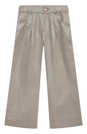 Детские льняные брюки BRUNELLO CUCINELLI золотого цвета по цене 62550 руб., арт. BH169P022C | Фото 1 Детские льняные брюки BRUNELLO CUCINELLI золотого цвета, арт. BH169P022C | Фото 1 (Материал внешний: Лен; Материал подклада: Хлопок; Девочки Кросс-КТ: Брюки-одежда; Случай: Повседневный; Ростовка одежда: 12 лет | 152 см, 13 - 15 лет | 158 см)