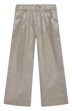 Детские льняные брюки BRUNELLO CUCINELLI золотого цвета по цене 58200 руб., арт. BH169P022B | Фото 1 Детские льняные брюки BRUNELLO CUCINELLI золотого цвета, арт. BH169P022B | Фото 1 (Материал внешний: Лен; Материал подклада: Хлопок; Девочки Кросс-КТ: Брюки-одежда; Случай: Повседневный; Ростовка одежда: 10 - 11 лет | 140 - 146см, 8 лет | 128 см)