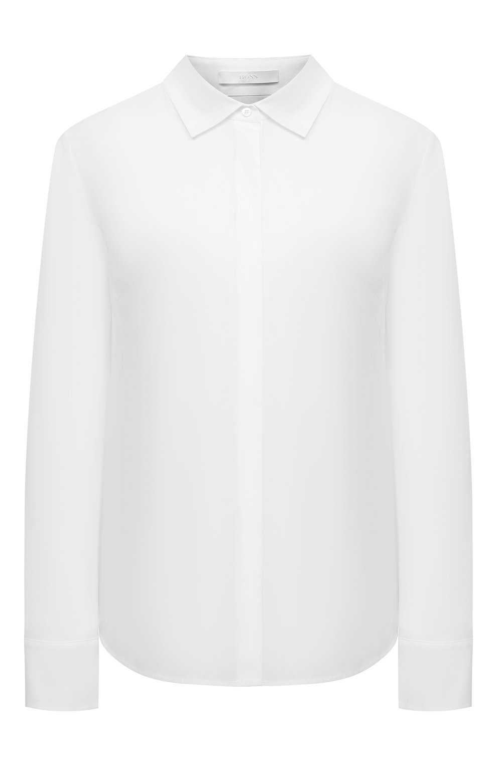 Женская хлопковая рубашка BOSS белого цвета, арт. 50404953 | Фото 1 (Рукава: Длинные; Принт: Без принта; Женское Кросс-КТ: Рубашка-одежда; Длина (для топов): Стандартные; Материал внешний: Хлопок; Стили: Классический)