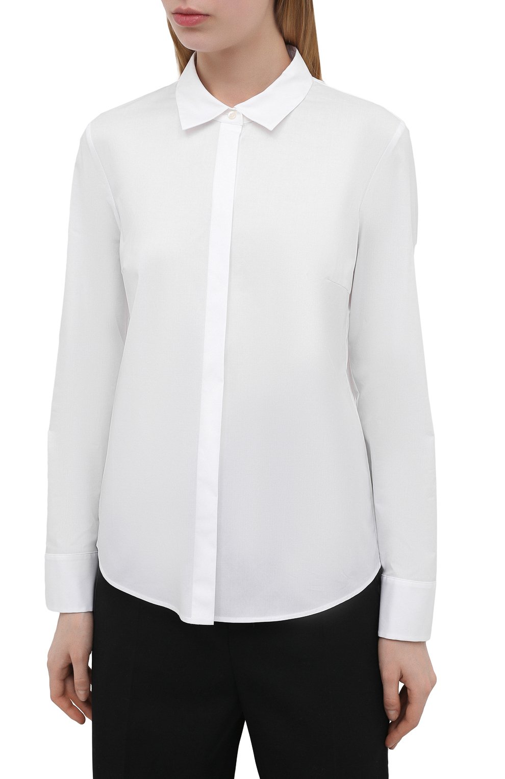 Женская хлопковая рубашка BOSS белого цвета, арт. 50404953 | Фото 3 (Рукава: Длинные; Принт: Без принта; Женское Кросс-КТ: Рубашка-одежда; Длина (для топов): Стандартные; Материал внешний: Хлопок; Стили: Классический)