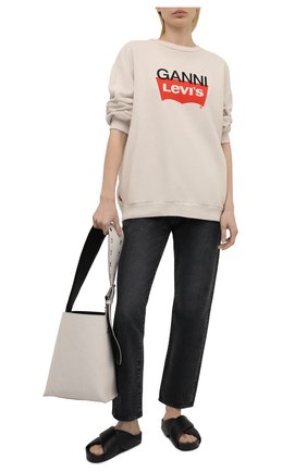 Женский хлопковый пуловер ganni x levi's GANNI бежевого цвета по цене 24250 руб., арт. T2828 | Фото 2 Женский хлопковый пуловер ganni x levi's GANNI бежевого цвета, арт. T2828 | Фото 2