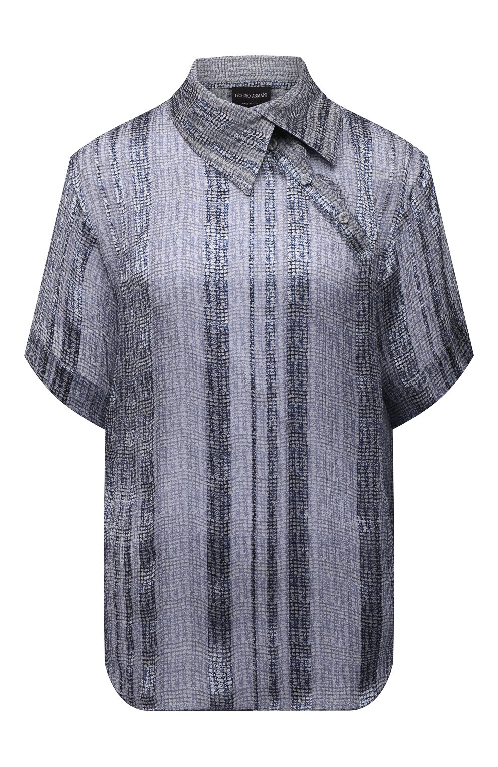 Женская шелковая блузка GIORGIO ARMANI голубого цвета, арт. 1WHCC01I/T02MT | Фото 1 (Материал внешний: Шелк; Рукава: Короткие; Длина (для топов): Стандартные; Принт: С принтом; Стили: Романтичный; Женское Кросс-КТ: Блуза-одежда)