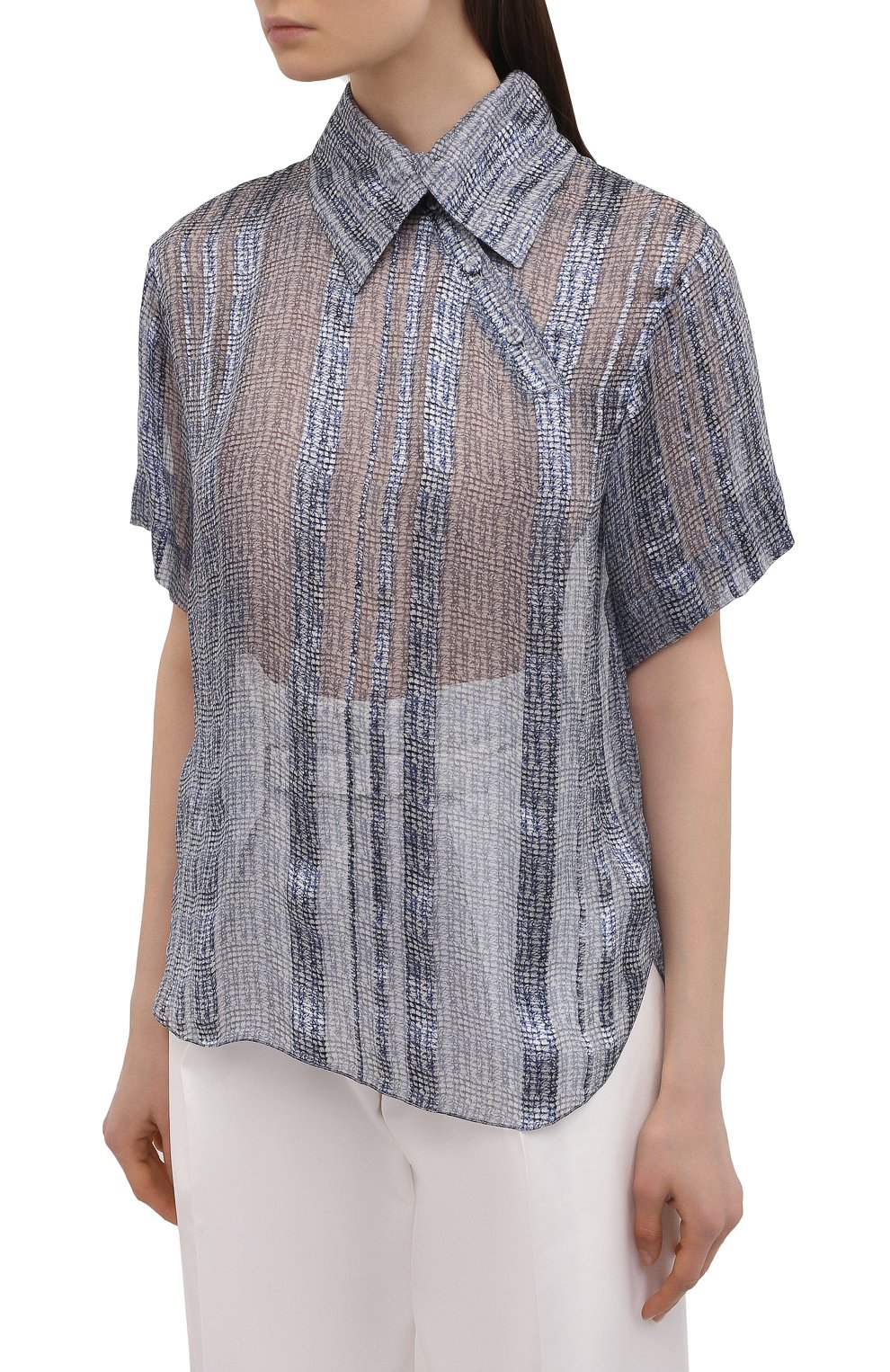 Женская шелковая блузка GIORGIO ARMANI голубого цвета, арт. 1WHCC01I/T02MT | Фото 3 (Материал внешний: Шелк; Рукава: Короткие; Длина (для топов): Стандартные; Принт: С принтом; Стили: Романтичный; Женское Кросс-КТ: Блуза-одежда)