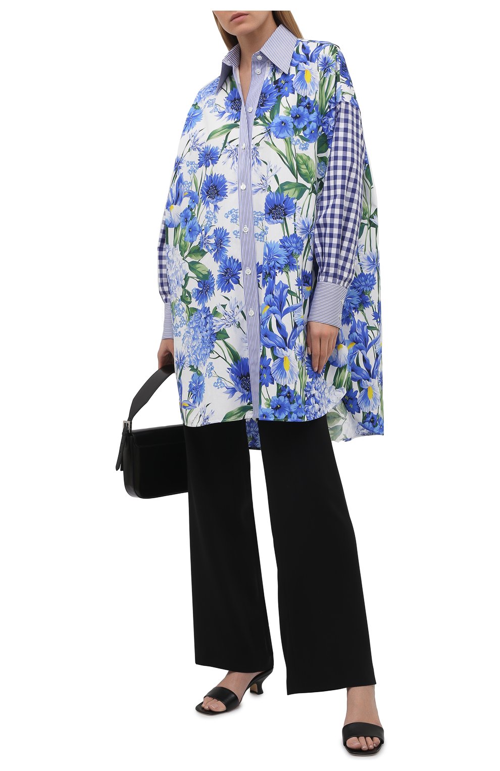 Женская хлопковая рубашка DOLCE & GABBANA голубого цвета, арт. I5598W/GDZAM | Фото 2 (Рукава: Длинные; Женское Кросс-КТ: Рубашка-одежда; Принт: С принтом; Длина (для топов): Удлиненные; Материал внешний: Хлопок; Стили: Романтичный)