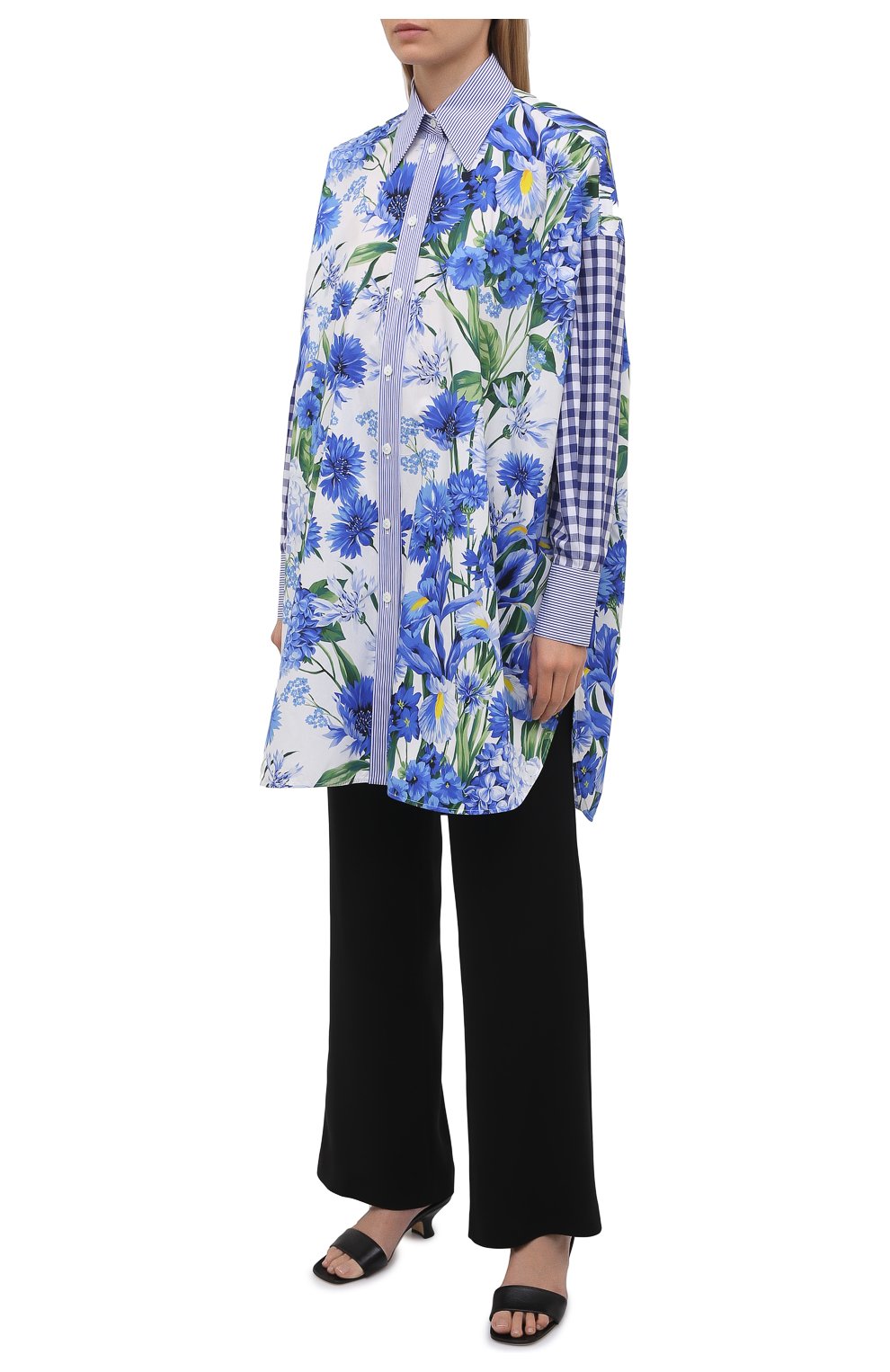 Женская хлопковая рубашка DOLCE & GABBANA голубого цвета, арт. I5598W/GDZAM | Фото 3 (Рукава: Длинные; Женское Кросс-КТ: Рубашка-одежда; Принт: С принтом; Длина (для топов): Удлиненные; Материал внешний: Хлопок; Стили: Романтичный)