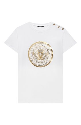 Детская хлопковая футболка BALMAIN белого цвета по цене 15600 руб., арт. 6O8011 | Фото 1 Детская хлопковая футболка BALMAIN белого цвета, арт. 6O8011 | Фото 1 (Материал внешний: Хлопок; Рукава: Короткие; Девочки Кросс-КТ: футболка-одежда; Одежда девочки: Одежда девочки; Ростовка одежда: 10 - 11 лет | 140 - 146см, 12 лет | 152 см, 13 - 15 лет | 158 см, 16 лет | 164 см, 6 лет | 116 см, 8 лет | 128 см)