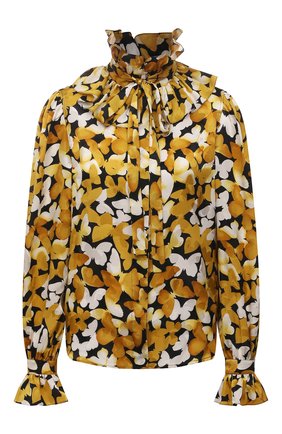 Женская шелковая блузка SAINT LAURENT желтого цвета, арт. 655326/Y6C13 | Фото 1 (Длина (для топов): Стандартные; Женское Кросс-КТ: Блуза-одежда; Принт: С принтом; Материал внешний: Шелк; Рукава: Длинные; Стили: Бохо)