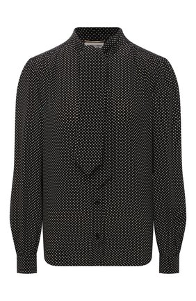 Женская шелковая блузка SAINT LAURENT черного цвета по цене 94950 руб., арт. 650235/Y6C45 | Фото 1 Женская шелковая блузка SAINT LAURENT черного цвета, арт. 650235/Y6C45 | Фото 1 (Рукава: Длинные; Стили: Романтичный; Принт: Без принта; Женское Кросс-КТ: Блуза-одежда; Длина (для топов): Стандартные; Материал внешний: Шелк)